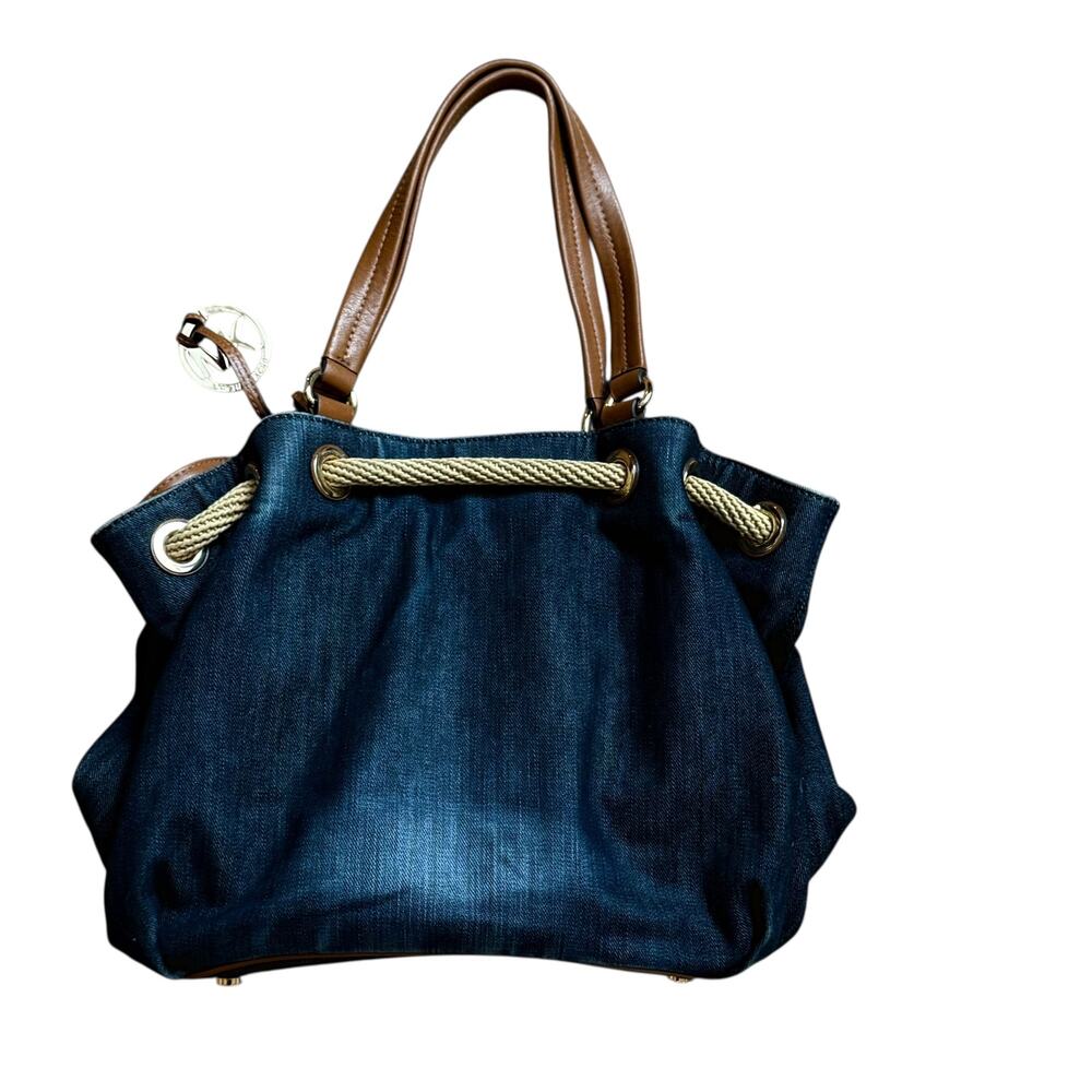 MICHAEL KORS Marina Large Drawstring Tote Bag in Navy Denim and Brown Leather - Picture 2 of 8